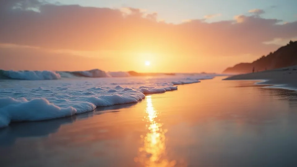 Eye-level view of a calm beach at sunset with gentle waves